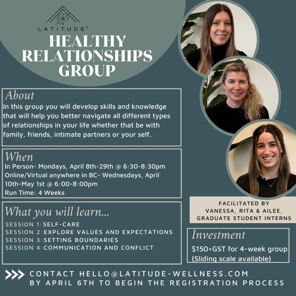 Our Healthy Relationships Group is back! This 4-week group focuses on developing healthier relationships with yourself and others.